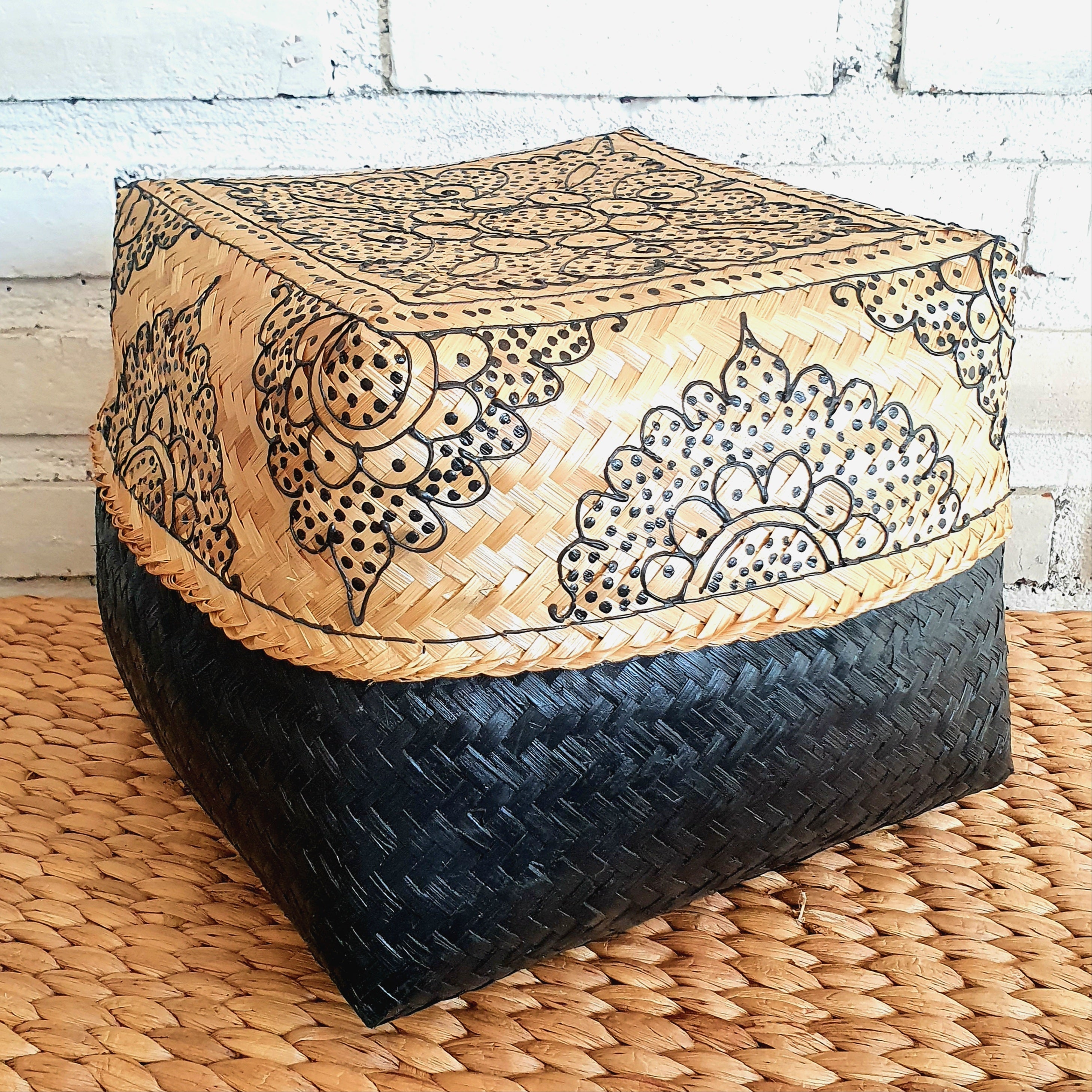Handwoven Rattan Storage Box with Printed Lid|Boho Bamboo Organizer|Natural Decorative Basket with Lid