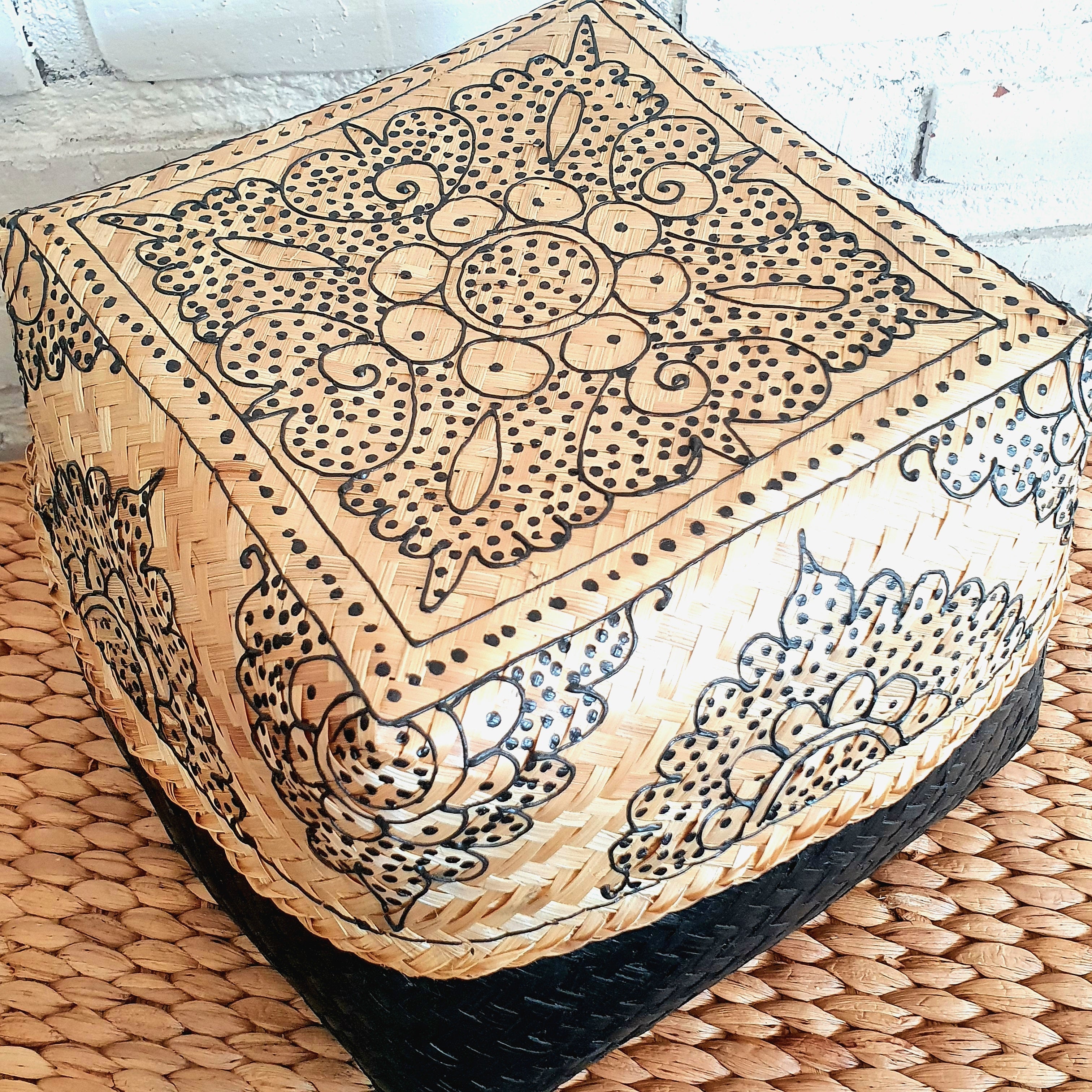 Handwoven Rattan Storage Box with Printed Lid|Boho Bamboo Organizer|Natural Decorative Basket with Lid