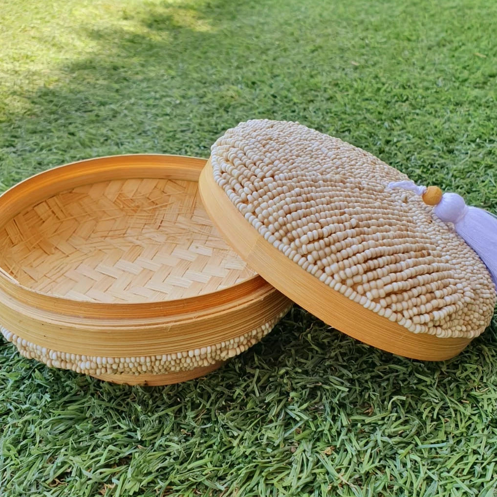 Handwoven Bamboo Round Storage Box Set of 2 with Tassel Lid|Natural Decorative Organizer|Boho Home Storage Baskets