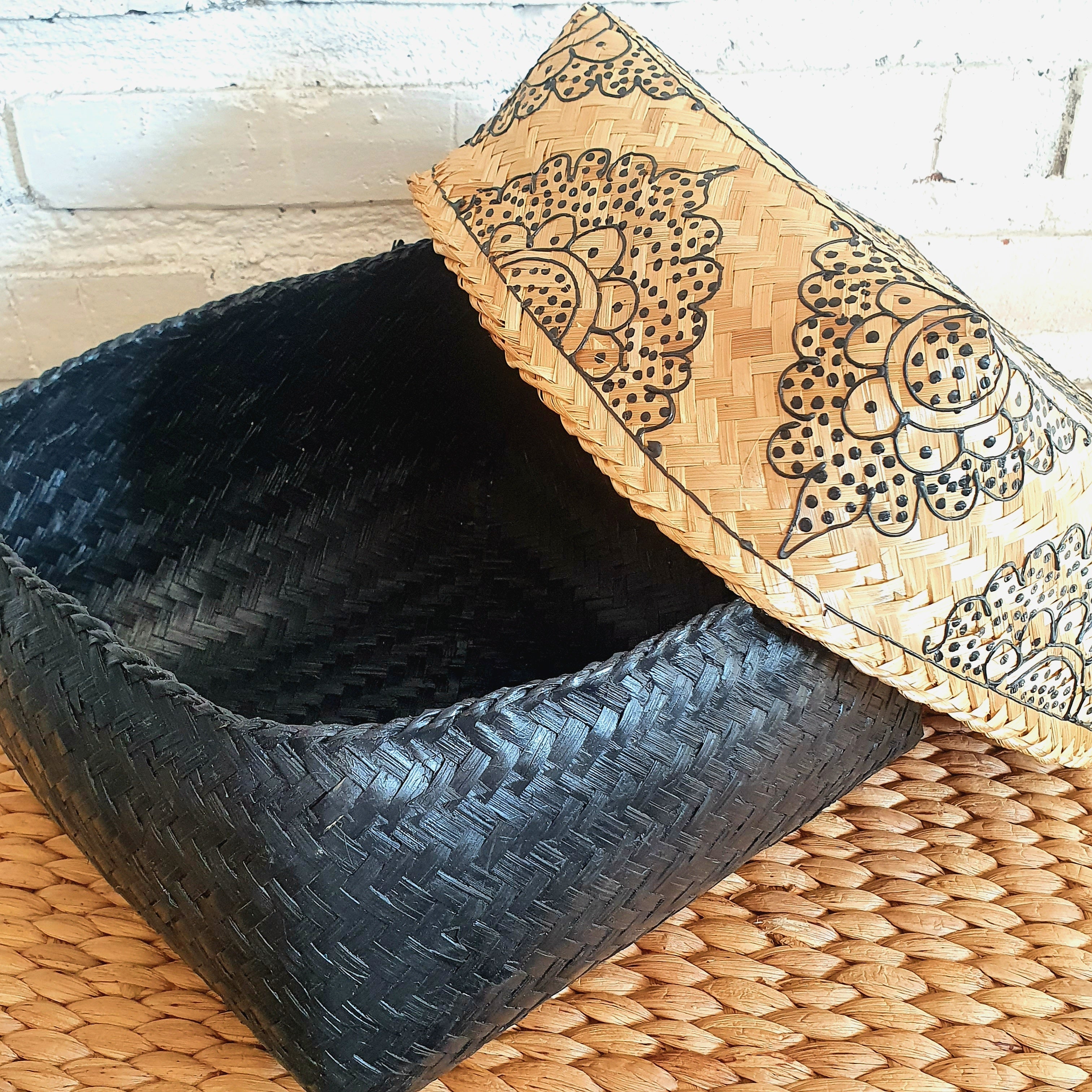 Handwoven Rattan Storage Box with Printed Lid｜Boho Bamboo Organizer｜Natural Decorative Basket with Lid