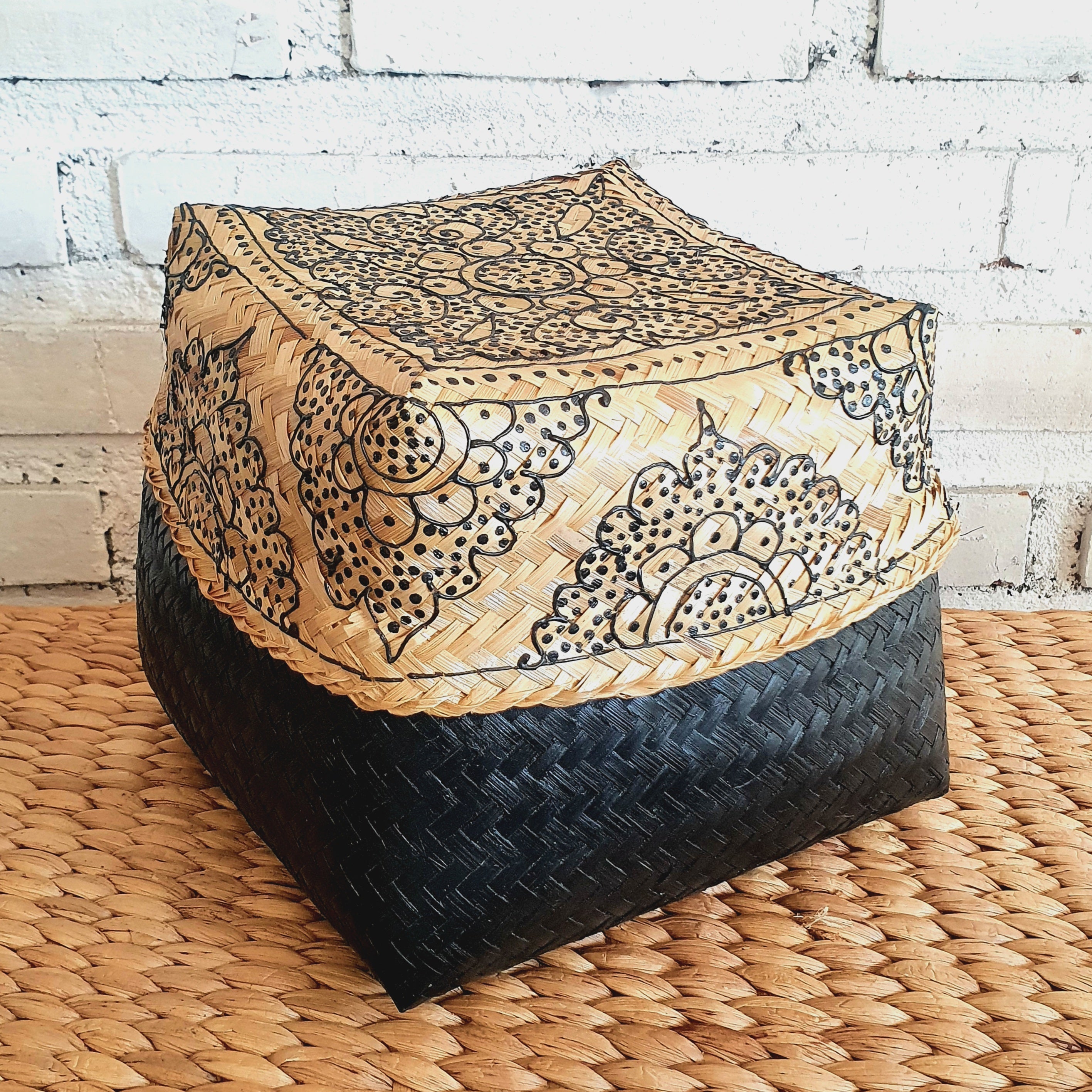 Handwoven Rattan Storage Box with Printed Lid｜Boho Bamboo Organizer｜Natural Decorative Basket with Lid