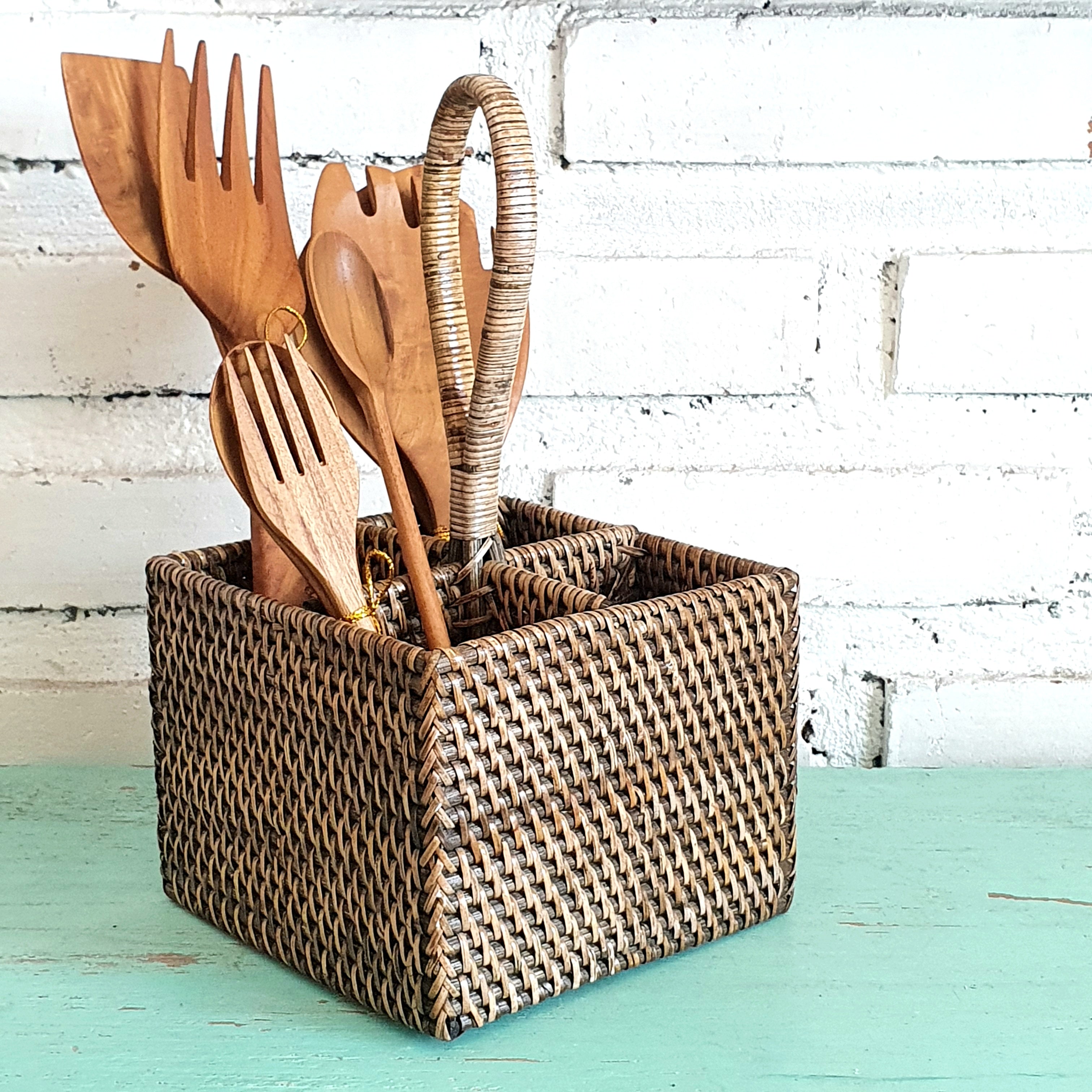 Handwoven Rattan Storage Basket Set of 3 with Handle｜Natural Bamboo Organizer｜Boho Rectangular Baskets for Home & Tabletop Storage