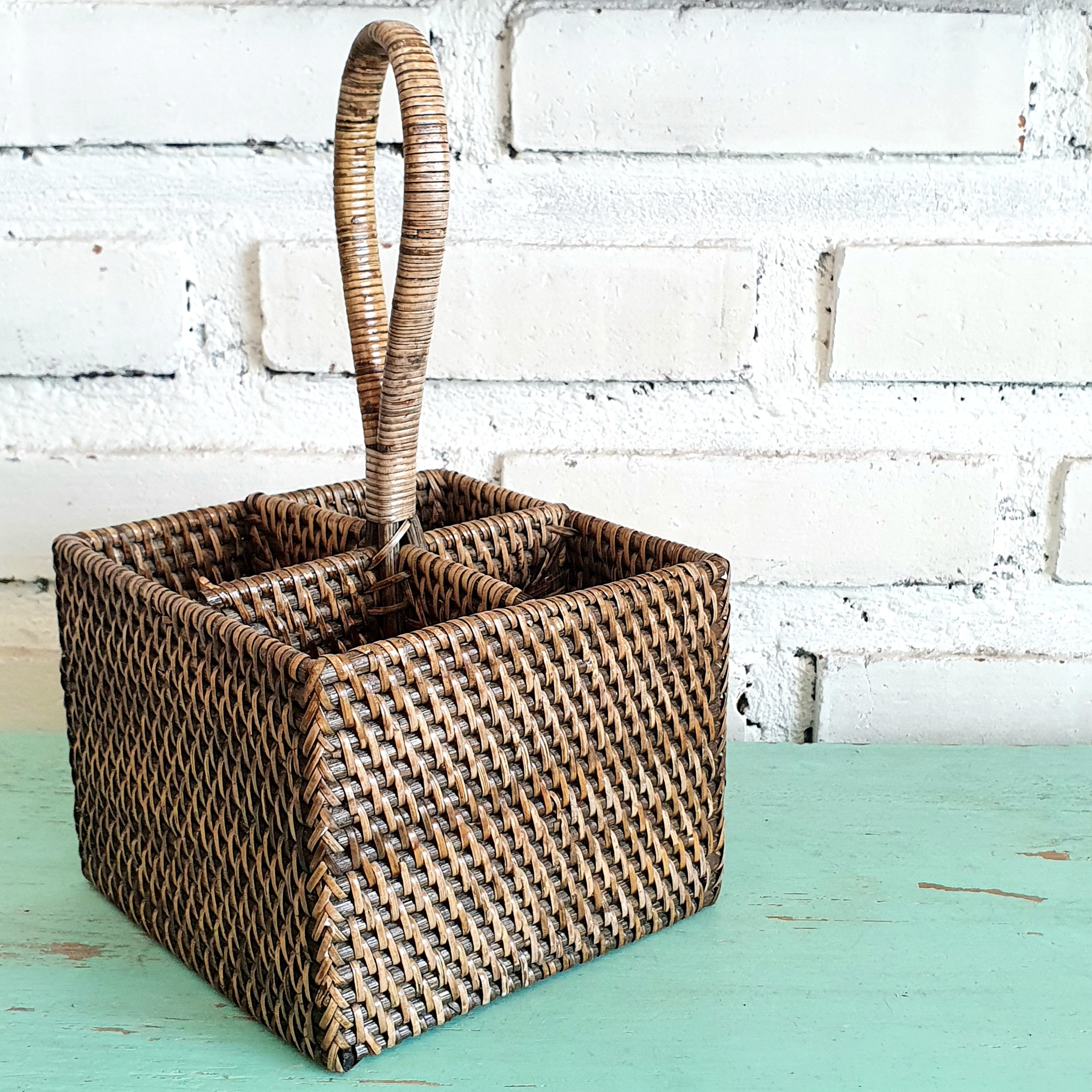 Handwoven Rattan Storage Basket Set of 3 with Handle｜Natural Bamboo Organizer｜Boho Rectangular Baskets for Home & Tabletop Storage