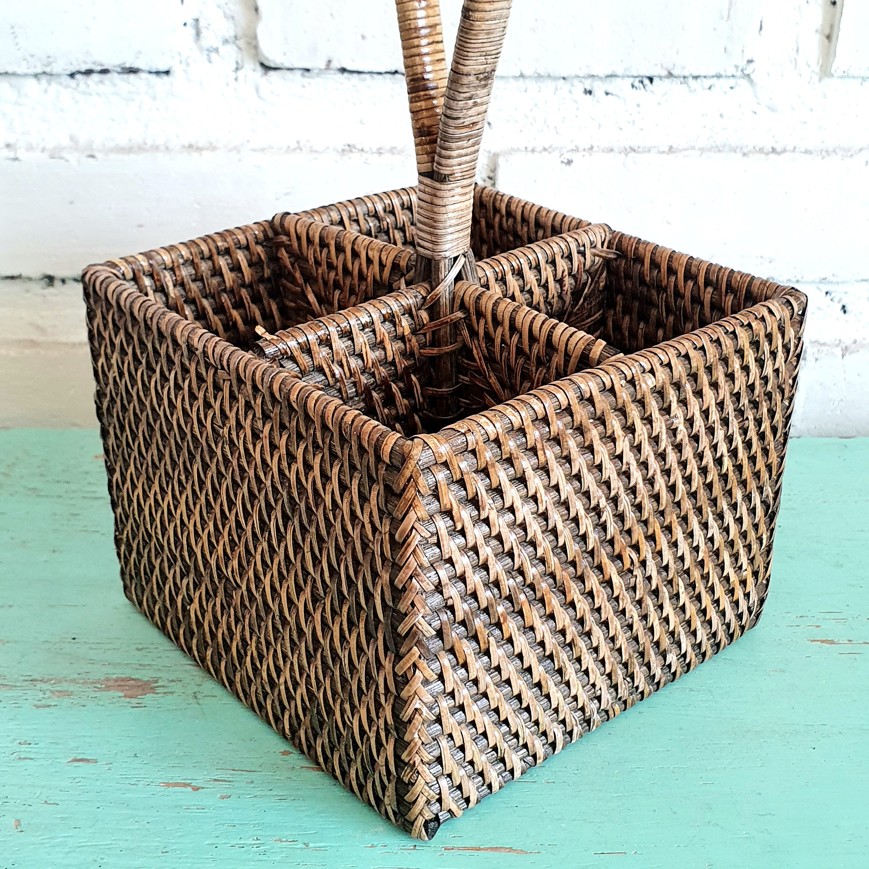 Handwoven Rattan Storage Basket Set of 3 with Handle｜Natural Bamboo Organizer｜Boho Rectangular Baskets for Home & Tabletop Storage