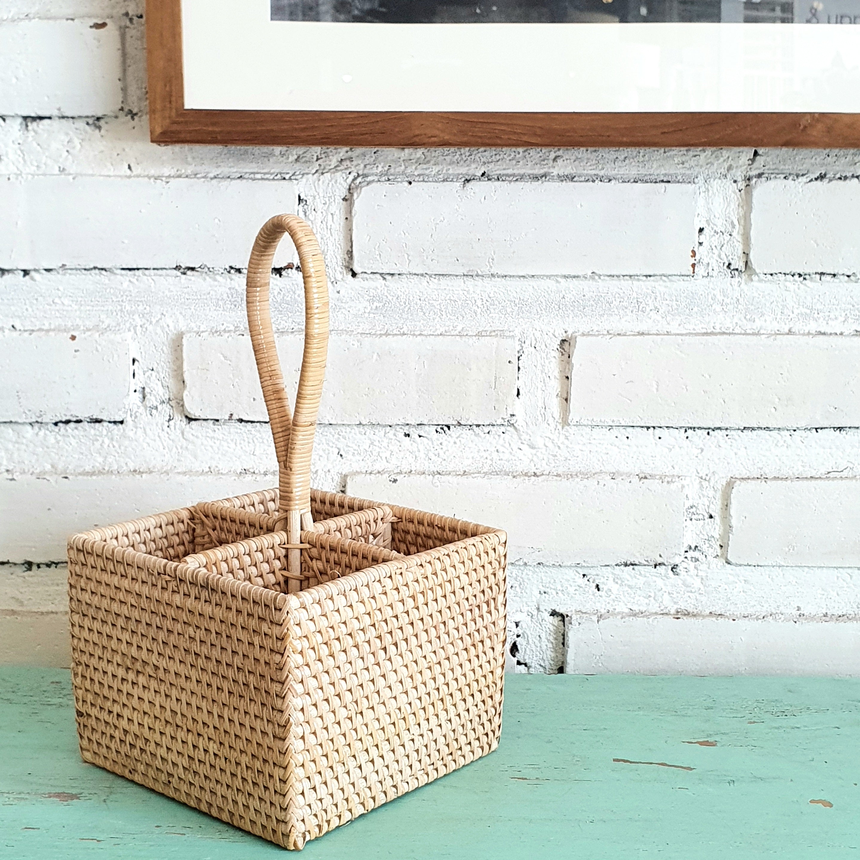 Handwoven Rattan Storage Basket Set of 3 with Handle｜Natural Bamboo Organizer｜Boho Rectangular Baskets for Home & Tabletop Storage