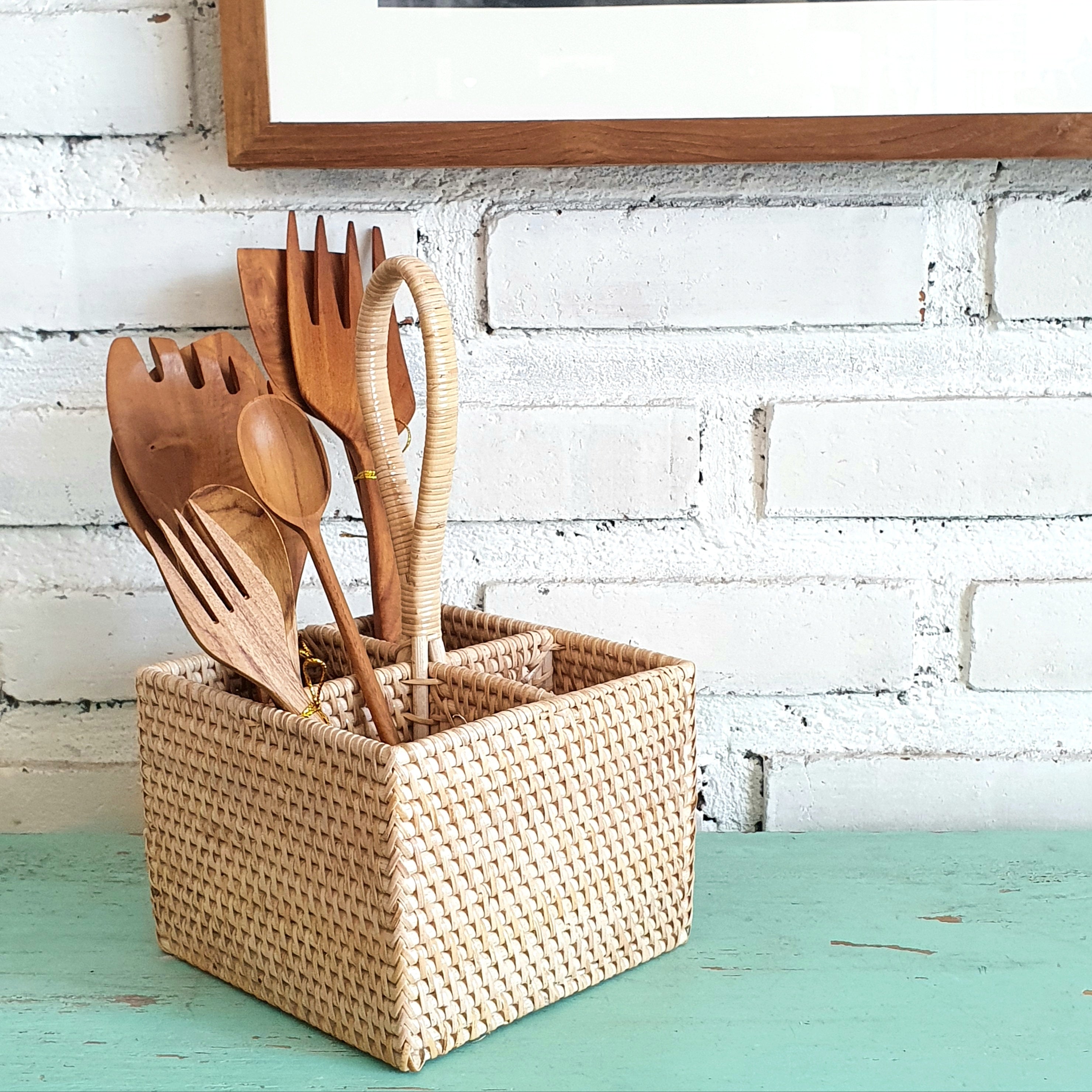 Handwoven Rattan Storage Basket Set of 3 with Handle｜Natural Bamboo Organizer｜Boho Rectangular Baskets for Home & Tabletop Storage