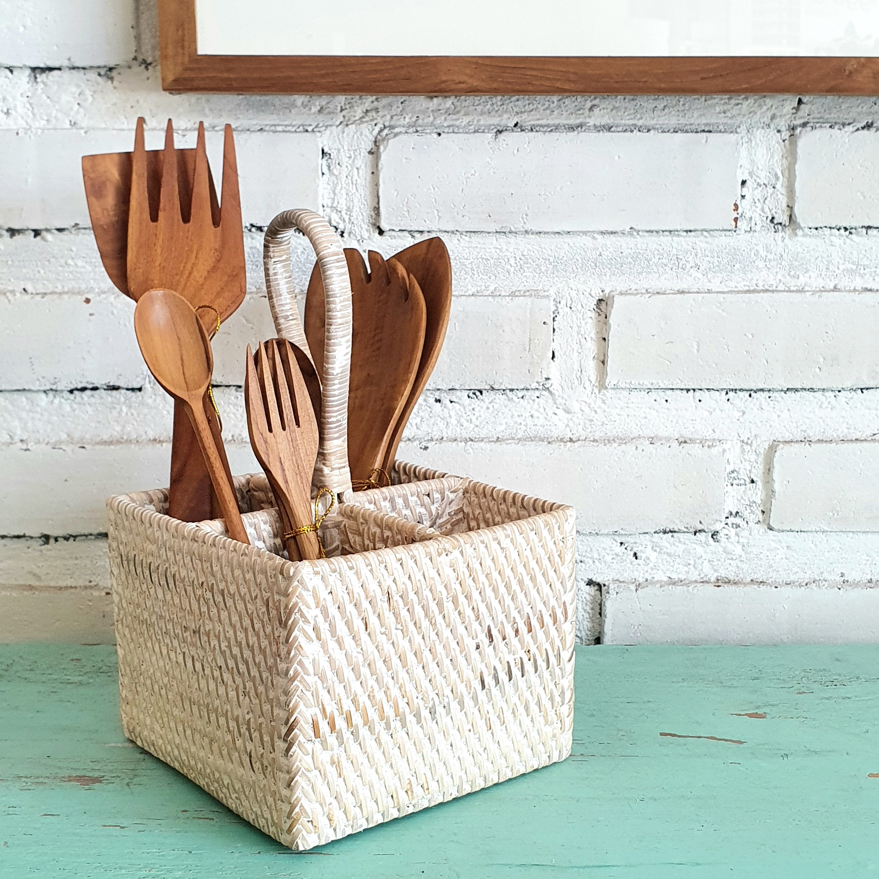 Handwoven Rattan Storage Basket Set of 3 with Handle｜Natural Bamboo Organizer｜Boho Rectangular Baskets for Home & Tabletop Storage