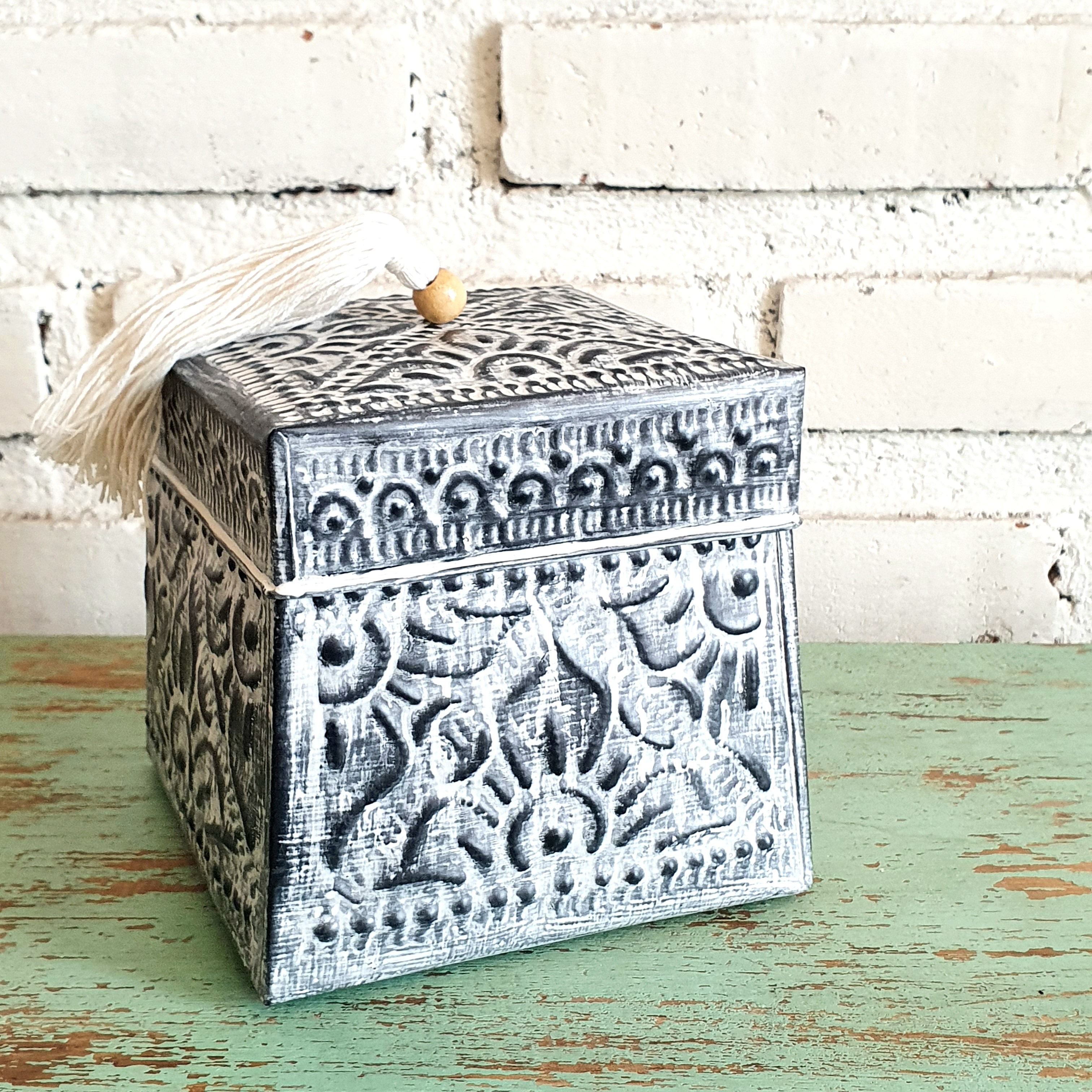 Embossed Tassel Square Storage Box Set of 3｜Handcrafted Vintage Organizer｜Boho Chic Decorative Boxes for Home