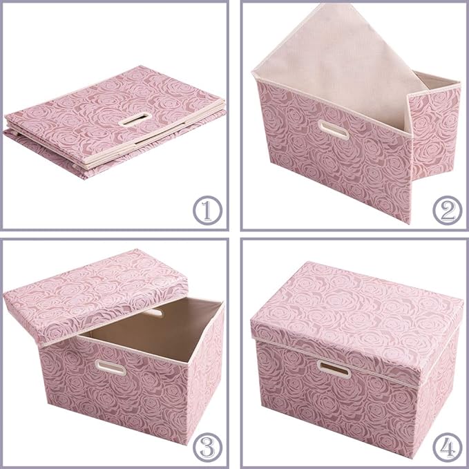 Pink Rose Pattern Fabric Storage Box｜Foldable Dustproof Organizer with Lid｜Clothing, Toy & Household Storage Bin