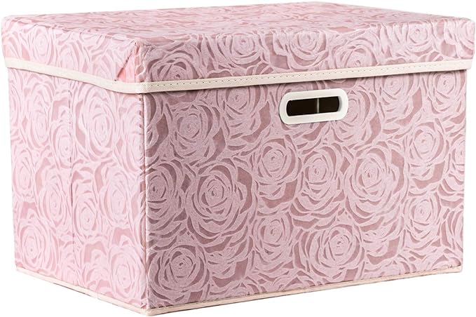 Pink Rose Pattern Fabric Storage Box｜Foldable Dustproof Organizer with Lid｜Clothing, Toy & Household Storage Bin
