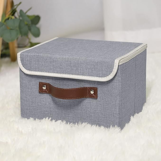 Fabric Storage Box with Lid｜Foldable Dustproof Organizer｜Gray Linen Bin with Leather Handle