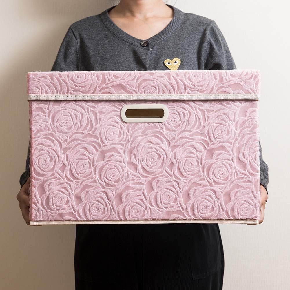 Pink Rose Pattern Fabric Storage Box｜Foldable Dustproof Organizer with Lid｜Clothing, Toy & Household Storage Bin