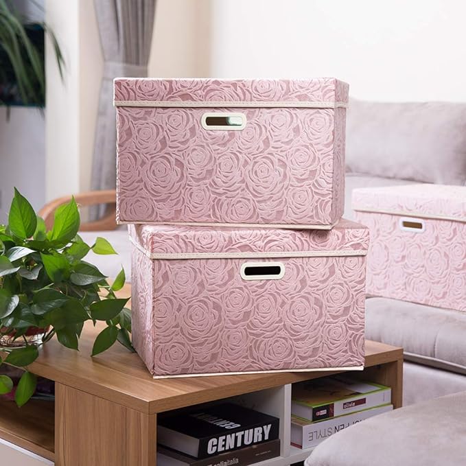 Pink Rose Pattern Fabric Storage Box｜Foldable Dustproof Organizer with Lid｜Clothing, Toy & Household Storage Bin