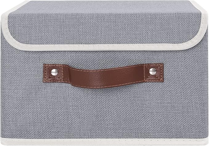 Fabric Storage Box with Lid｜Foldable Dustproof Organizer｜Gray Linen Bin with Leather Handle