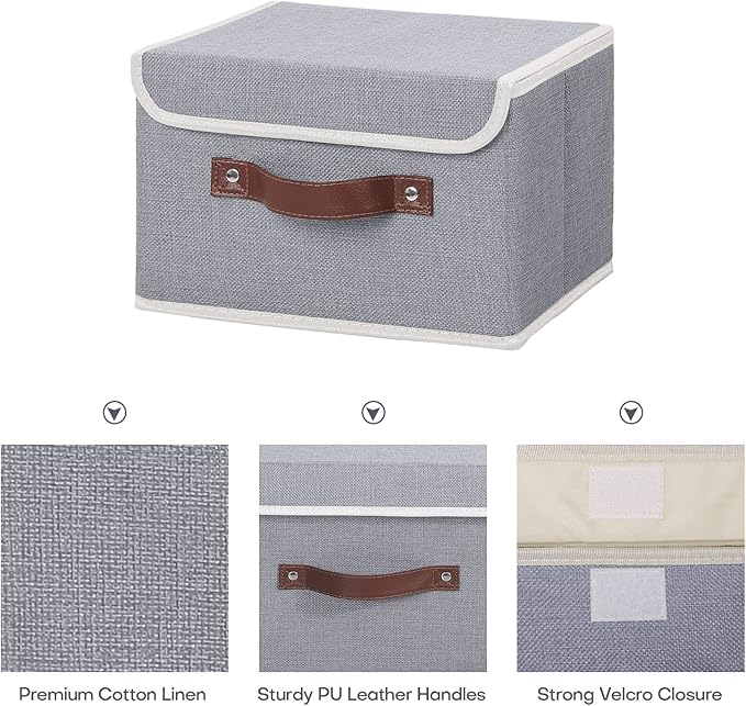 Fabric Storage Box with Lid｜Foldable Dustproof Organizer｜Gray Linen Bin with Leather Handle