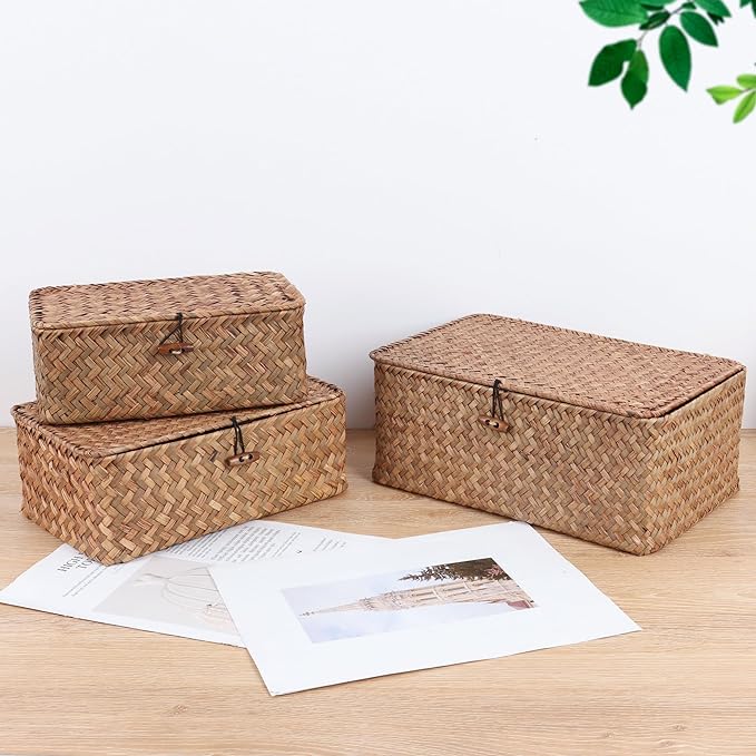 Natural Woven Rattan Storage Box with Lid｜Handmade Bamboo Organizer｜Decorative Basket for Jewelry, Desk & Home Storage