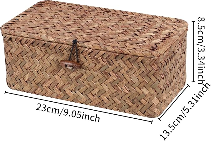 Natural Woven Rattan Storage Box with Lid｜Handmade Bamboo Organizer｜Decorative Basket for Jewelry, Desk & Home Storage