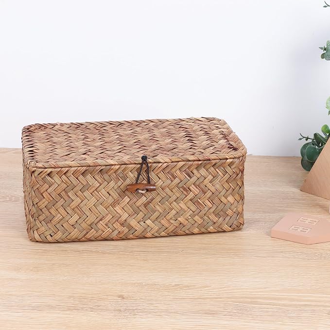 Natural Woven Rattan Storage Box with Lid｜Handmade Bamboo Organizer｜Decorative Basket for Jewelry, Desk & Home Storage