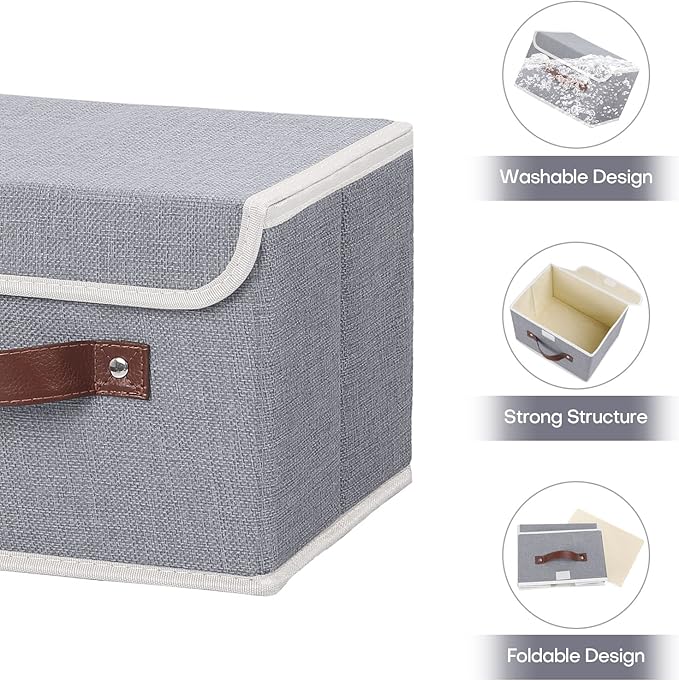 Fabric Storage Box with Lid｜Foldable Dustproof Organizer｜Gray Linen Bin with Leather Handle