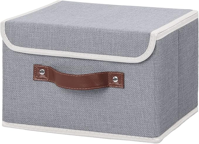 Fabric Storage Box with Lid｜Foldable Dustproof Organizer｜Gray Linen Bin with Leather Handle