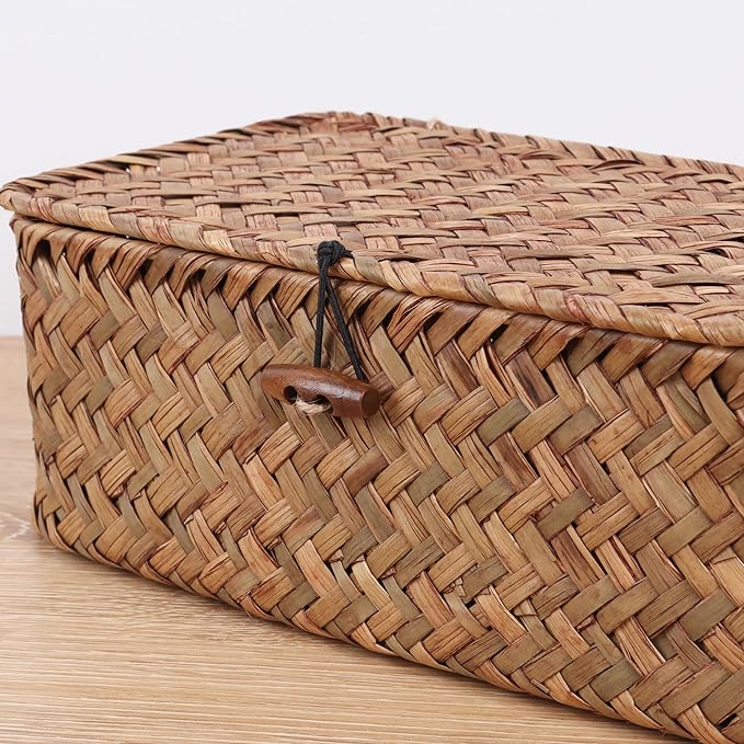 Natural Woven Rattan Storage Box with Lid｜Handmade Bamboo Organizer｜Decorative Basket for Jewelry, Desk & Home Storage