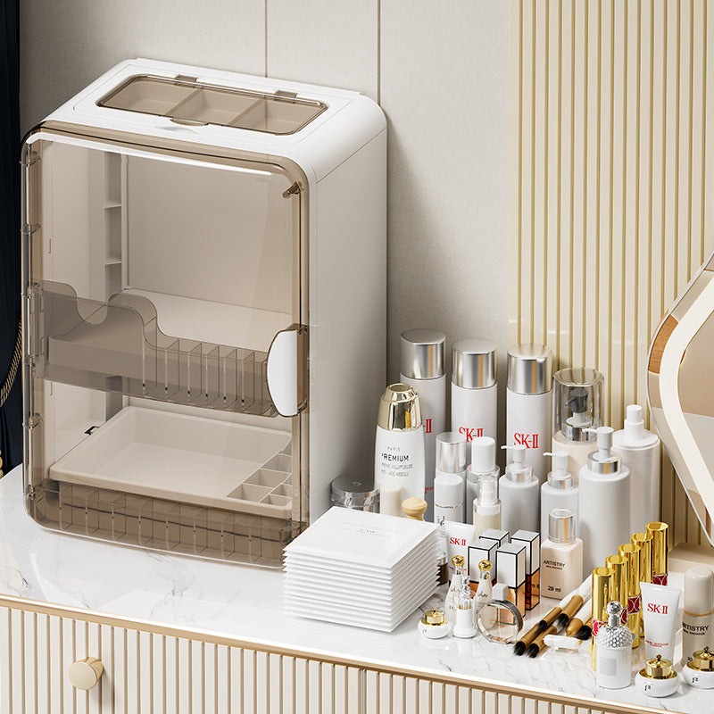 Semi-Transparent Dustproof Storage Cabinet｜Multi-Layer Cosmetic Organizer with Sliding Door – Desktop Skincare & Makeup Storage Box