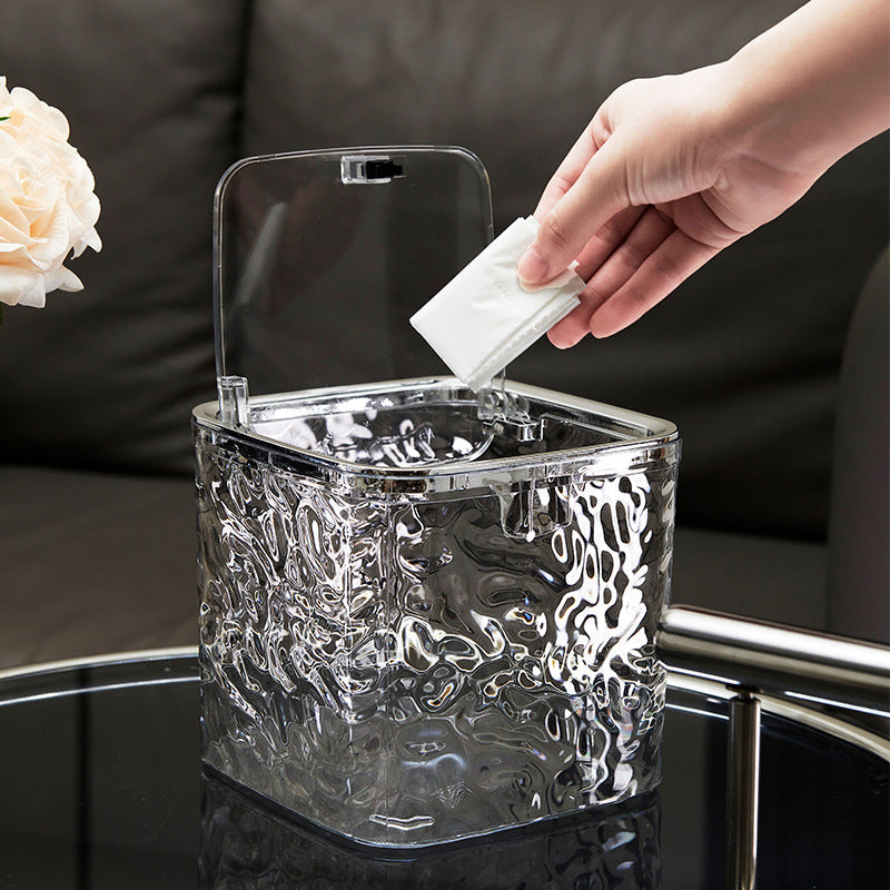 Glass-Texture Flip-Top Storage Box｜Modern Luxury Desktop Trash Bin with Lid – Dustproof Cosmetic Organizer