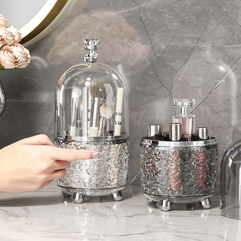 Glass-Texture Dustproof Makeup Brush Holder Set｜Clear Dome Cosmetic Organizer with Bear Top – Elegant Dual-Color Storage Box