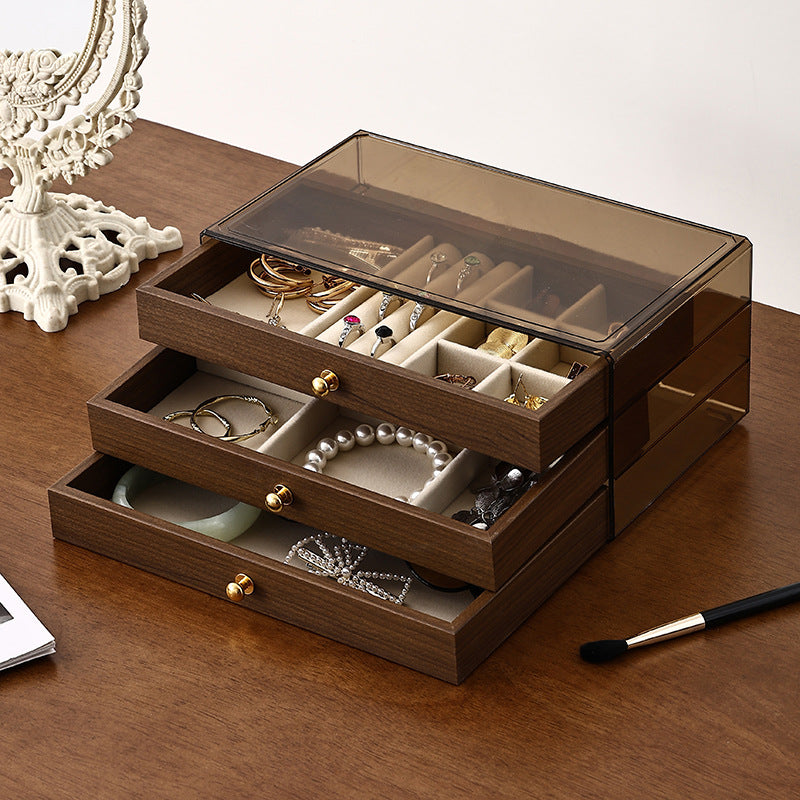 Vintage Wooden-Style Jewelry Organizer Box｜3-Layer Jewelry Storage Case with Transparent Lid – Ring, Earring & Necklace Display Box