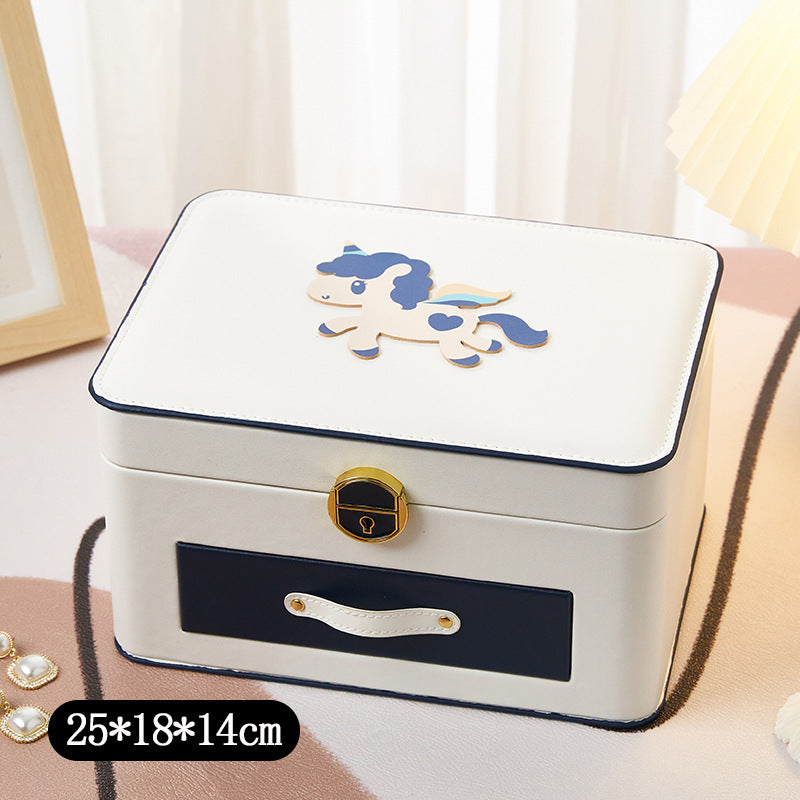 Unicorn Leather Jewelry Organizer Box｜Large Capacity Multi-Layer Jewelry Case with Drawer & Lock – Cute Cartoon Design