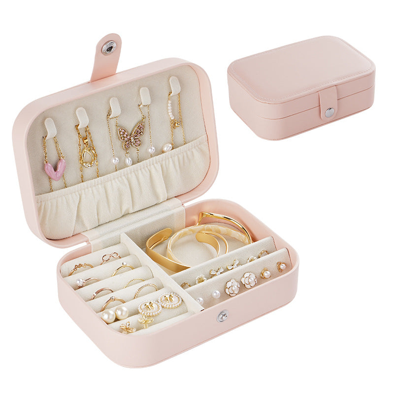 Portable Leather Jewelry Organizer Box｜Elegant Pink Travel Jewelry Case with Compartments for Earrings, Rings & Necklaces