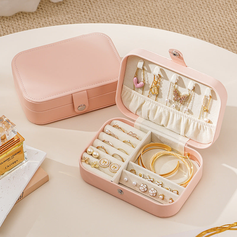 Portable Leather Jewelry Organizer Box｜Elegant Pink Travel Jewelry Case with Compartments for Earrings, Rings & Necklaces