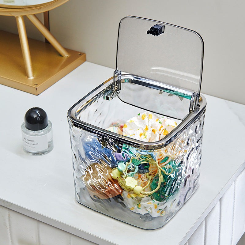 Glass-Texture Flip-Top Storage Box｜Modern Luxury Desktop Trash Bin with Lid – Dustproof Cosmetic Organizer