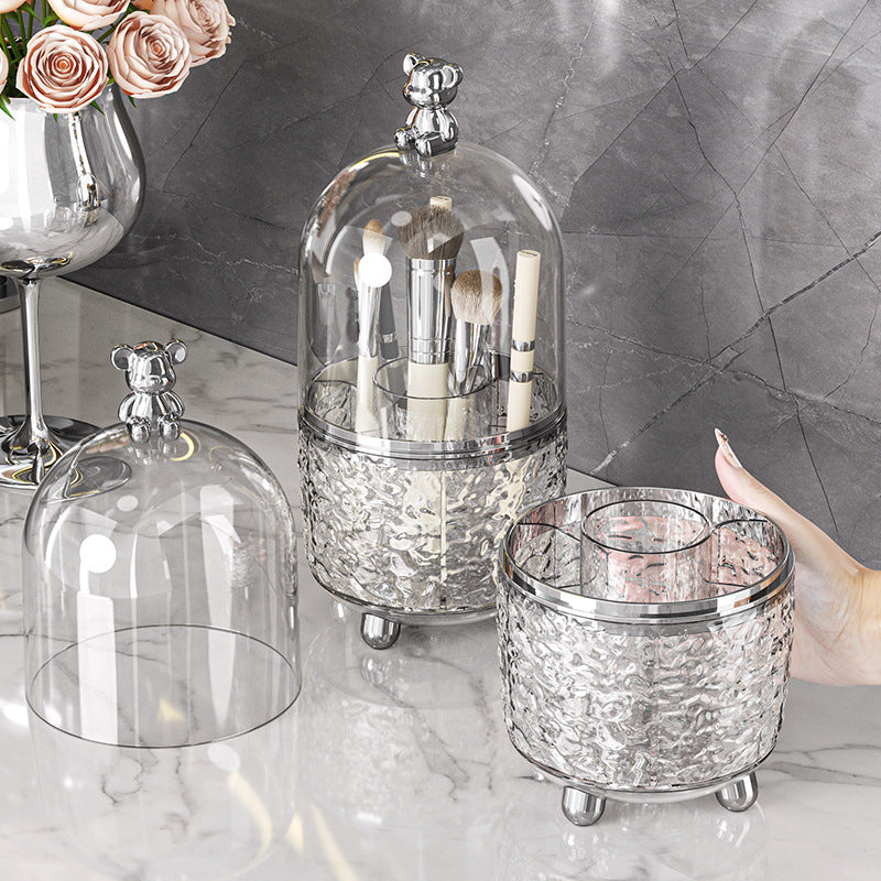 Glass-Texture Dustproof Makeup Brush Holder Set｜Clear Dome Cosmetic Organizer with Bear Top – Elegant Dual-Color Storage Box