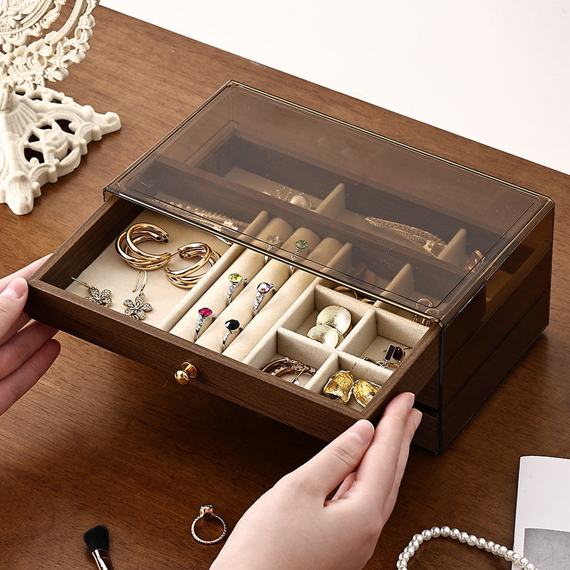 Vintage Wooden-Style Jewelry Organizer Box｜3-Layer Jewelry Storage Case with Transparent Lid – Ring, Earring & Necklace Display Box