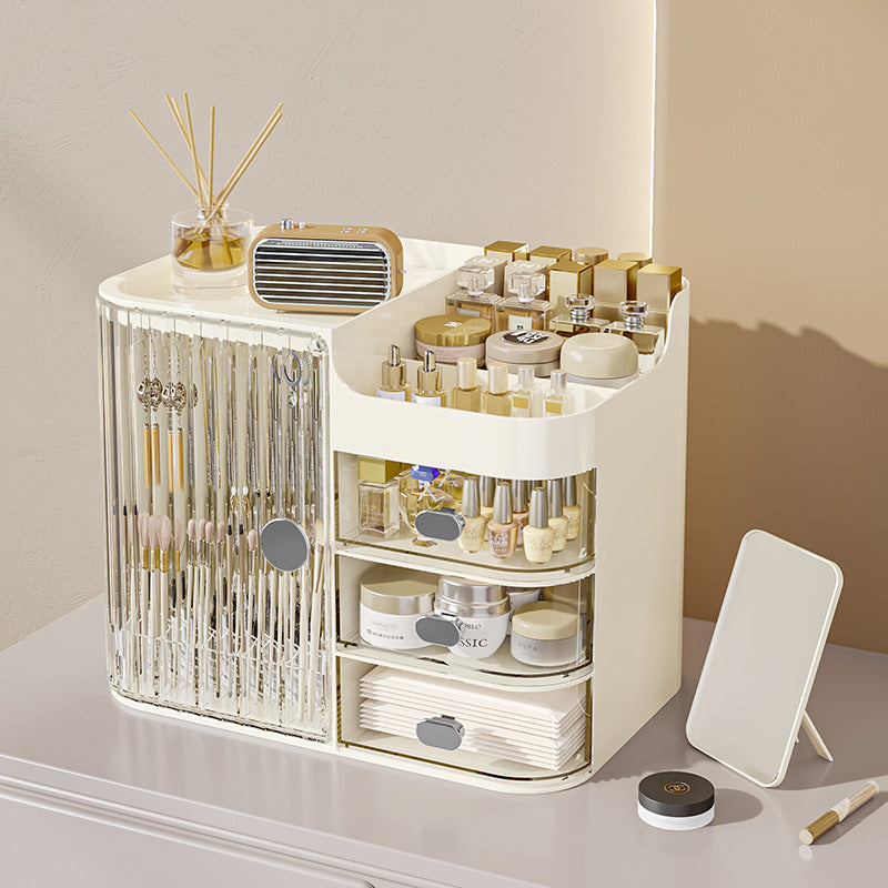 Multi-Functional Transparent Storage Box｜Large Capacity Makeup Organizer with Drawers and Sliding Door – Desktop Dustproof Cosmetic Cabinet