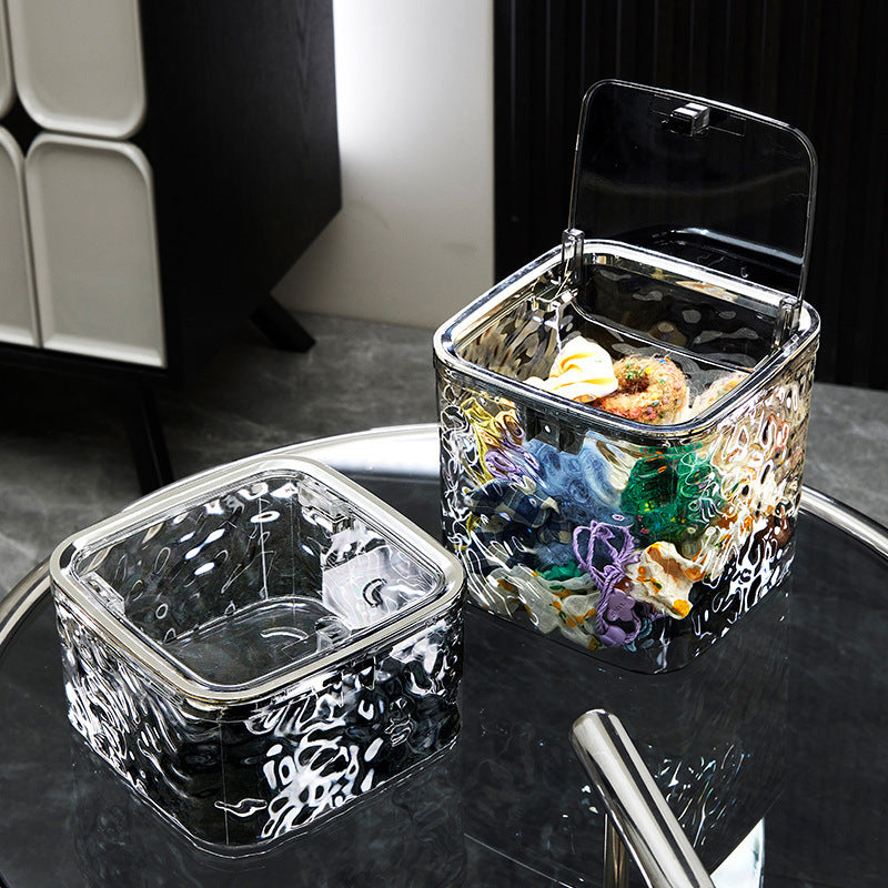 Glass-Texture Flip-Top Storage Box｜Modern Luxury Desktop Trash Bin with Lid – Dustproof Cosmetic Organizer