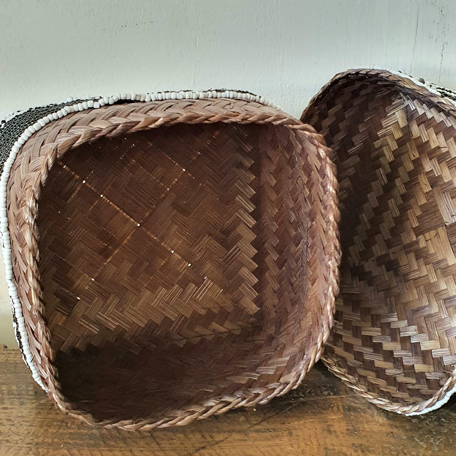 Handwoven Black & White Shell Storage Box Set of 3｜Boho Rattan Organizer Baskets｜Natural Decorative Containers with Lids