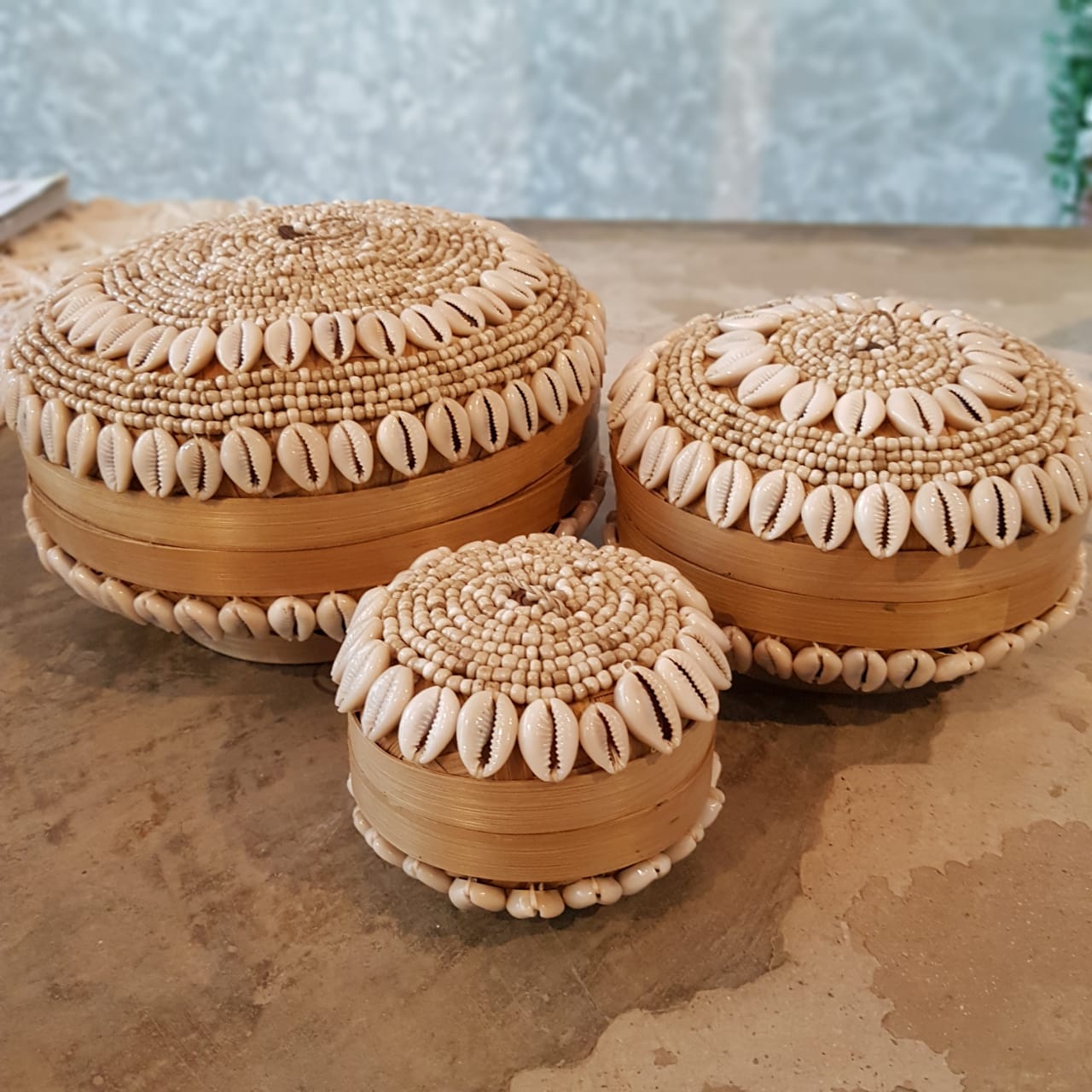 Handwoven Round Shell Storage Box Set of 3｜Boho Rattan Organizer｜Natural Decorative Baskets with Seashell Detail