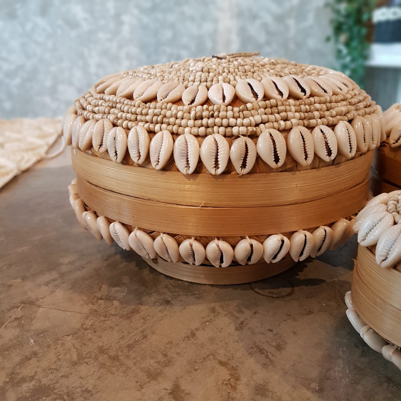 Handwoven Round Shell Storage Box Set of 3｜Boho Rattan Organizer｜Natural Decorative Baskets with Seashell Detail