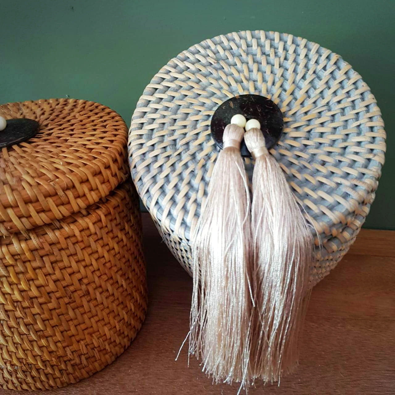 Handwoven Rattan Storage Box Set of 2 with Tassel｜Boho Round Organizer｜Natural Bamboo Basket for Home Décor & Storage
