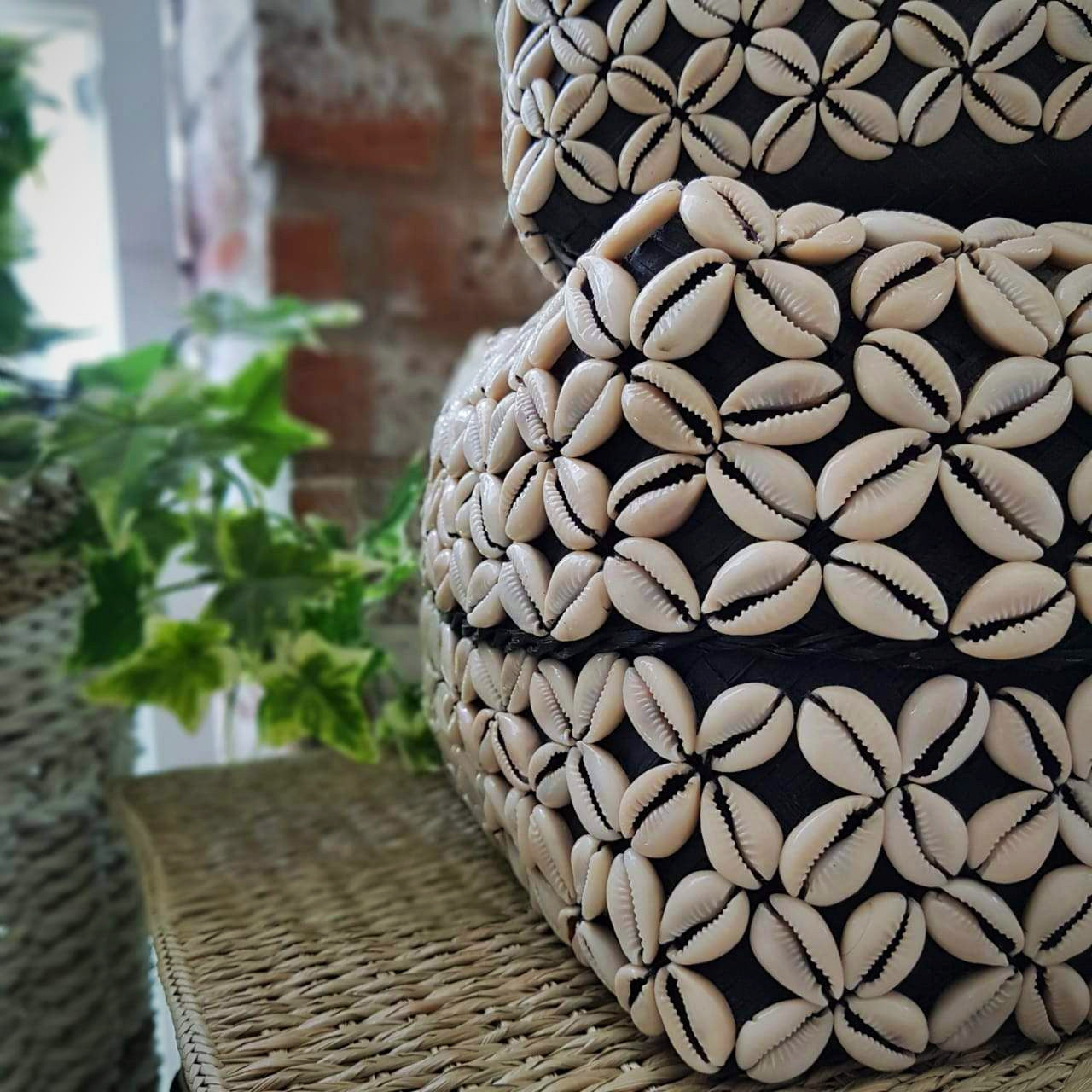Handwoven Black & White Shell Storage Box Set of 3｜Boho Rattan Organizer｜Natural Decorative Baskets with Lids