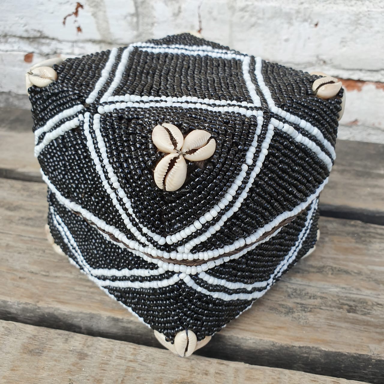 Handwoven Black & White Rattan Storage Box with Shell Accents｜Square Lidded Organizer｜Boho Decorative Bamboo Basket