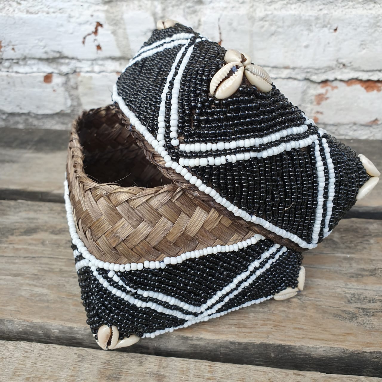 Handwoven Black & White Rattan Storage Box with Shell Accents｜Square Lidded Organizer｜Boho Decorative Bamboo Basket
