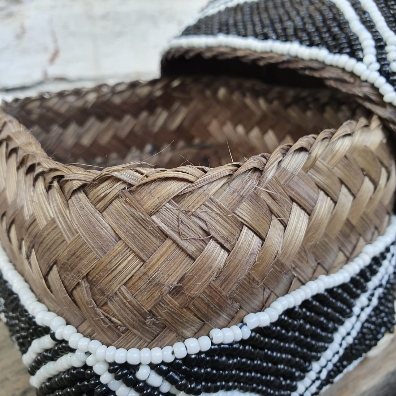 Handwoven Black & White Rattan Storage Box with Shell Accents｜Square Lidded Organizer｜Boho Decorative Bamboo Basket