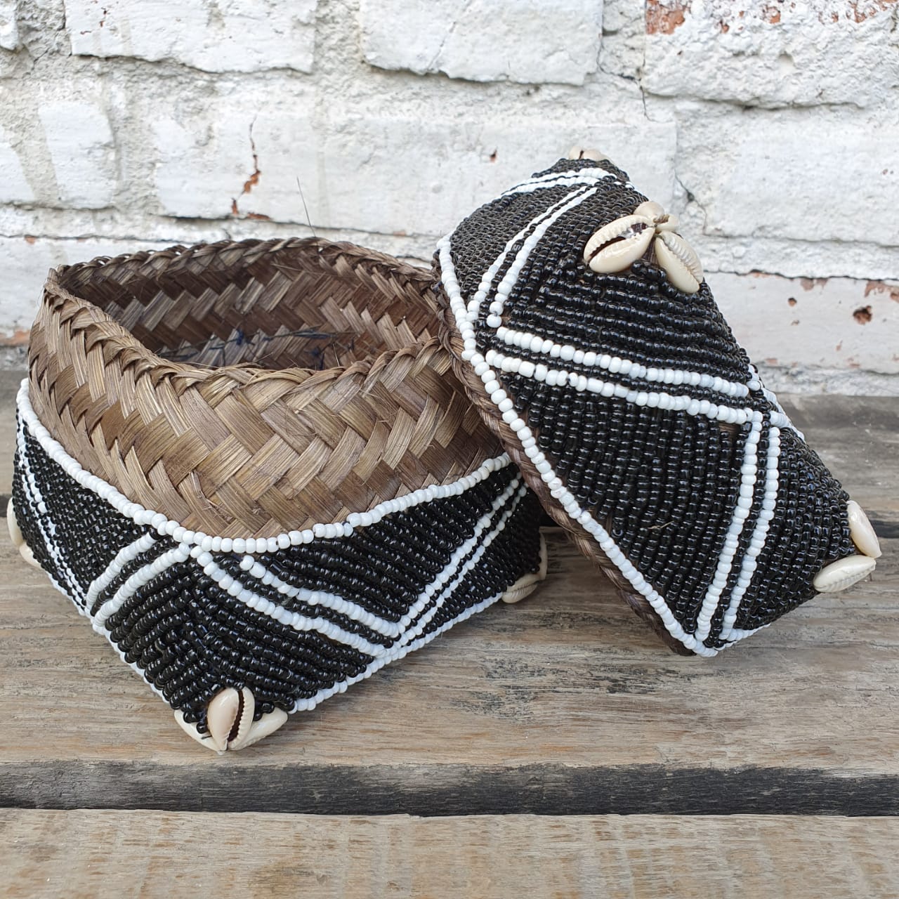 Handwoven Black & White Rattan Storage Box with Shell Accents｜Square Lidded Organizer｜Boho Decorative Bamboo Basket