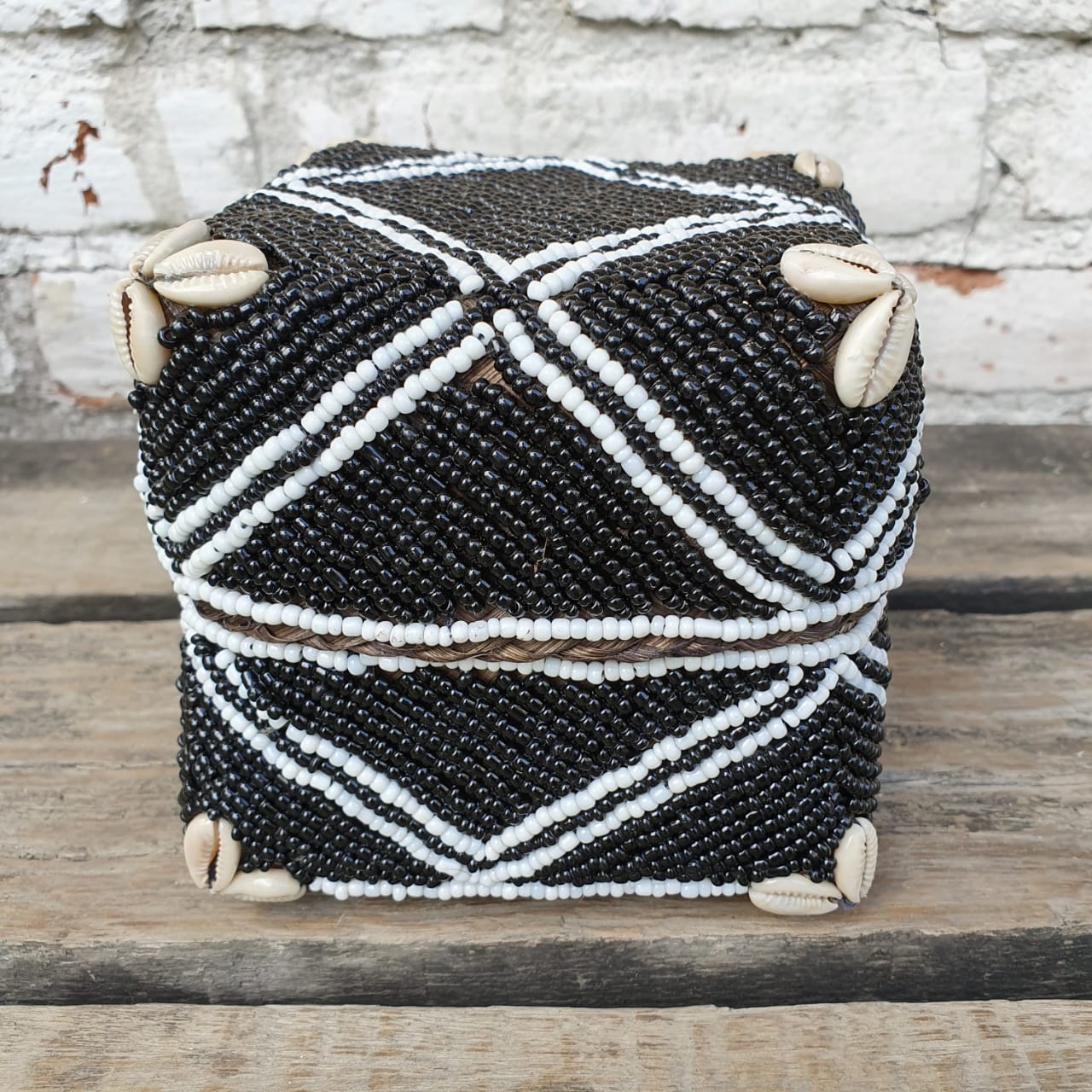 Handwoven Black & White Rattan Storage Box with Shell Accents｜Square Lidded Organizer｜Boho Decorative Bamboo Basket