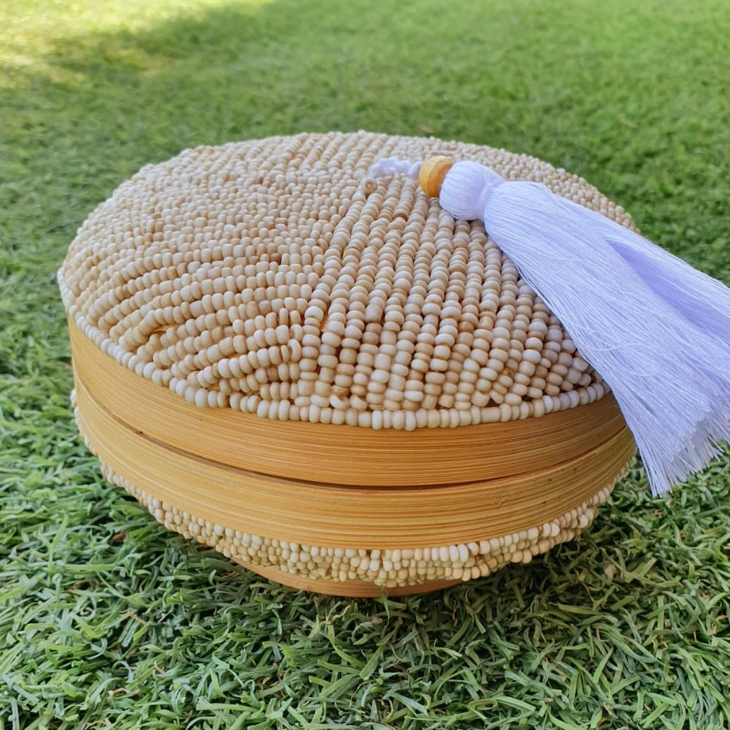 Handwoven Bamboo Round Storage Box Set of 2 with Tassel Lid｜Natural Decorative Organizer｜Boho Home Storage Baskets