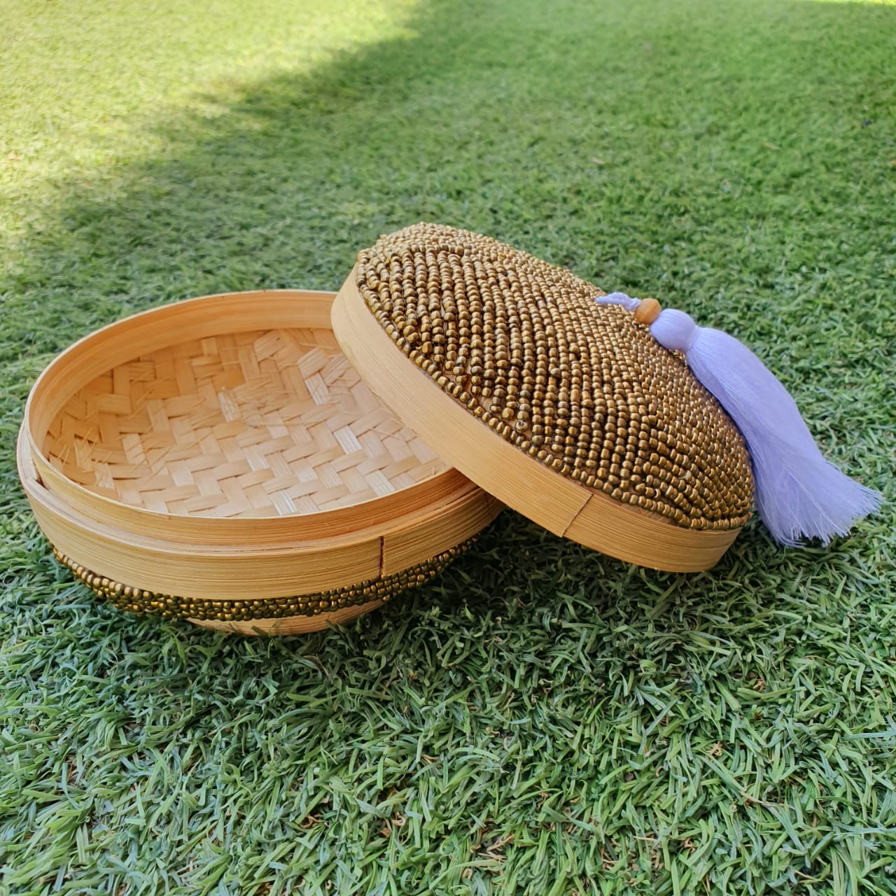 Handwoven Bamboo Round Storage Box Set of 2 with Tassel Lid｜Natural Decorative Organizer｜Boho Home Storage Baskets