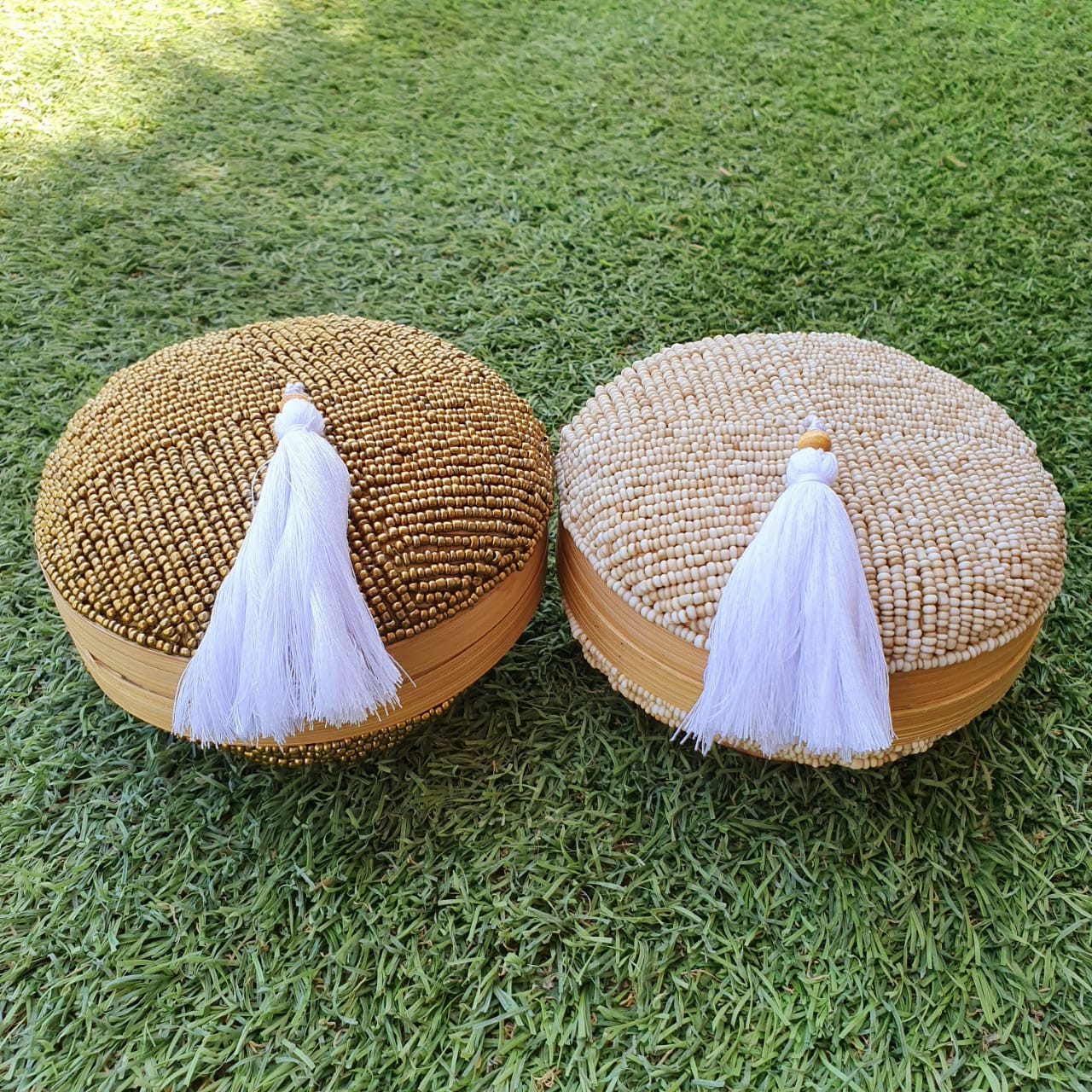 Handwoven Bamboo Round Storage Box Set of 2 with Tassel Lid｜Natural Decorative Organizer｜Boho Home Storage Baskets